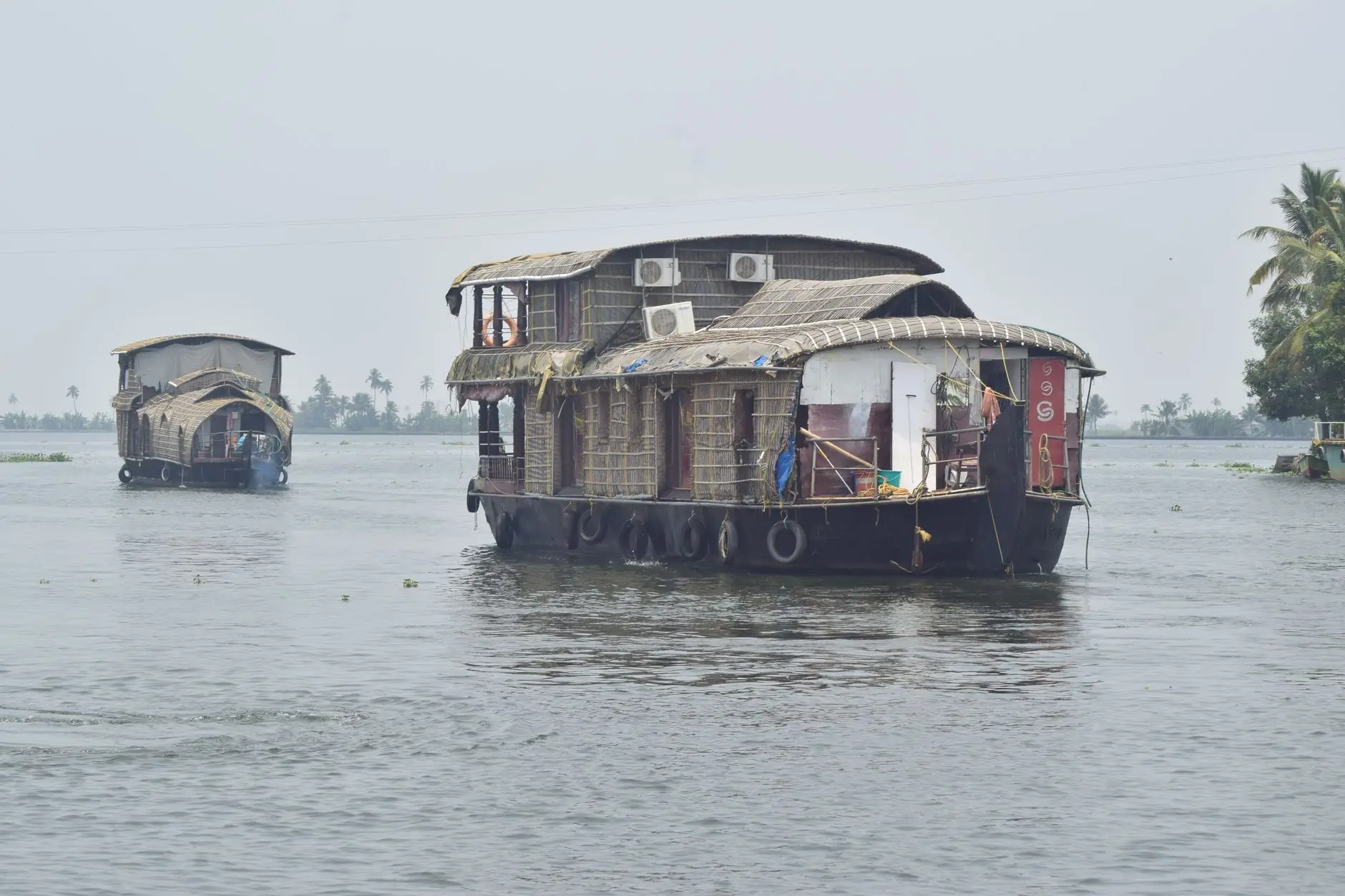Casa-barco tradicional navegando por los backwaters de Kerala entre palmeras