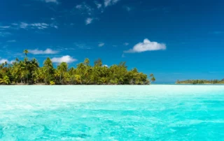 Playa de palmeras en Huahine, Polinesia Playa de palmeras en Huahine, Polinesia
