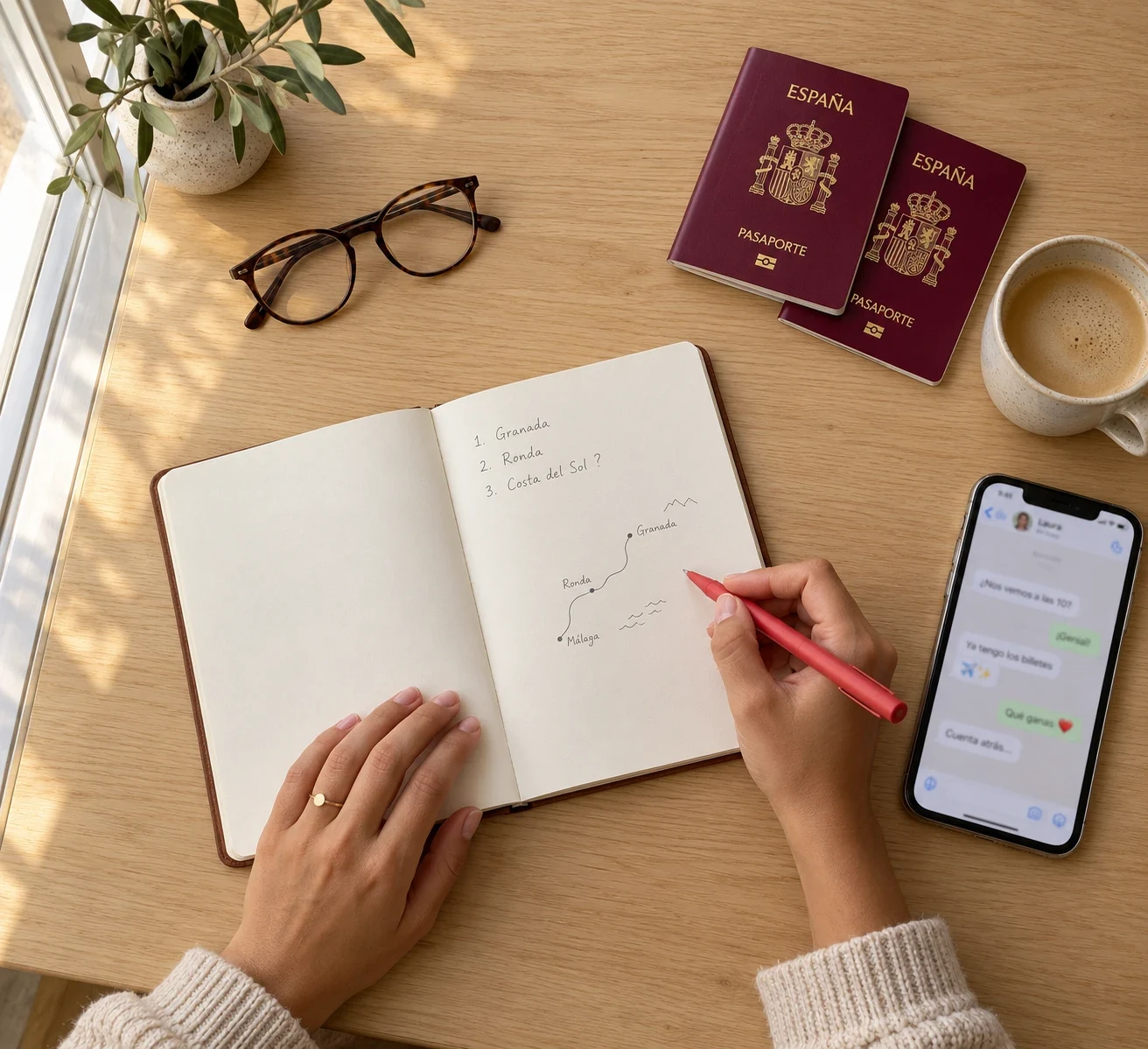 Eztei-bidaia baten lehen zirriborroa duen koadernoa, bi pasaporte eta mugikor baten ondoan