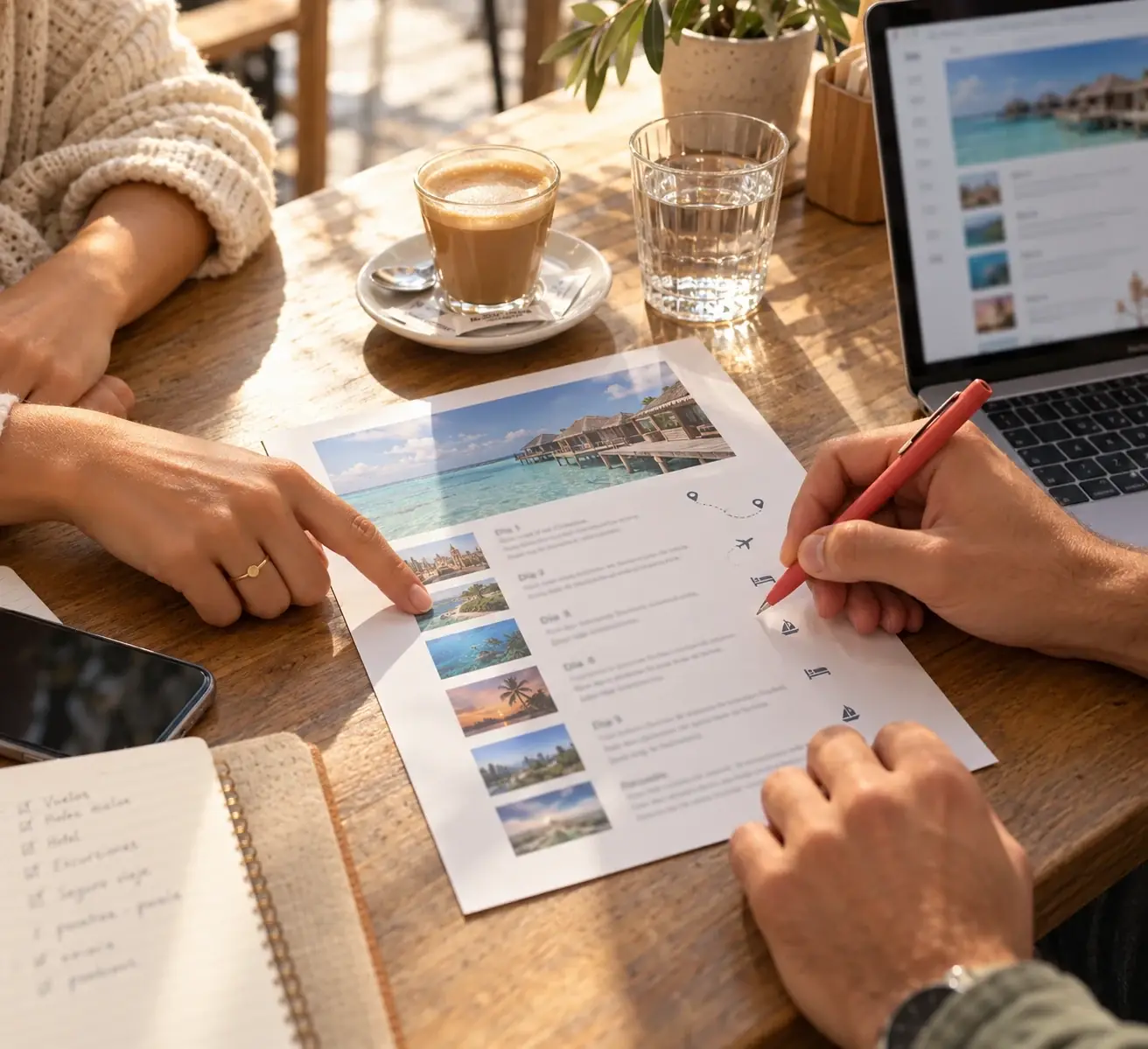 Pareja revisando la propuesta de itinerario de su viaje de novios en una cafetería