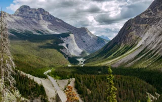Mendi Harritsuetako harana eta gailurrak Icefields Parkwaytik Icefields Parkway errepidea sigi-saga haran berde batean, Kanadako Mendi Harritsuetako gailurren artean